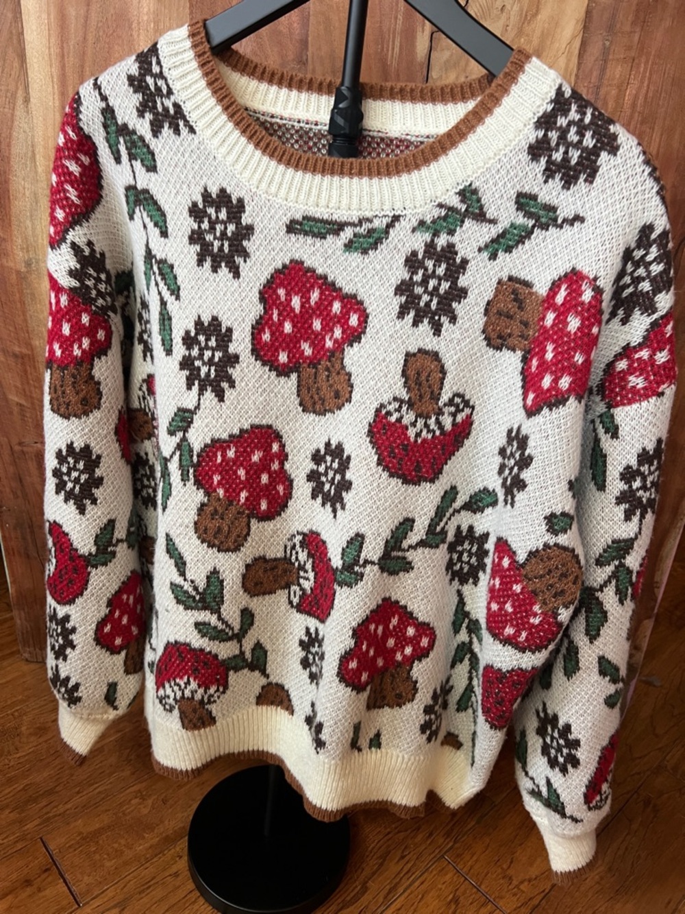 ROMWE Cream Mushroom & Red Accent Crewneck Sweater